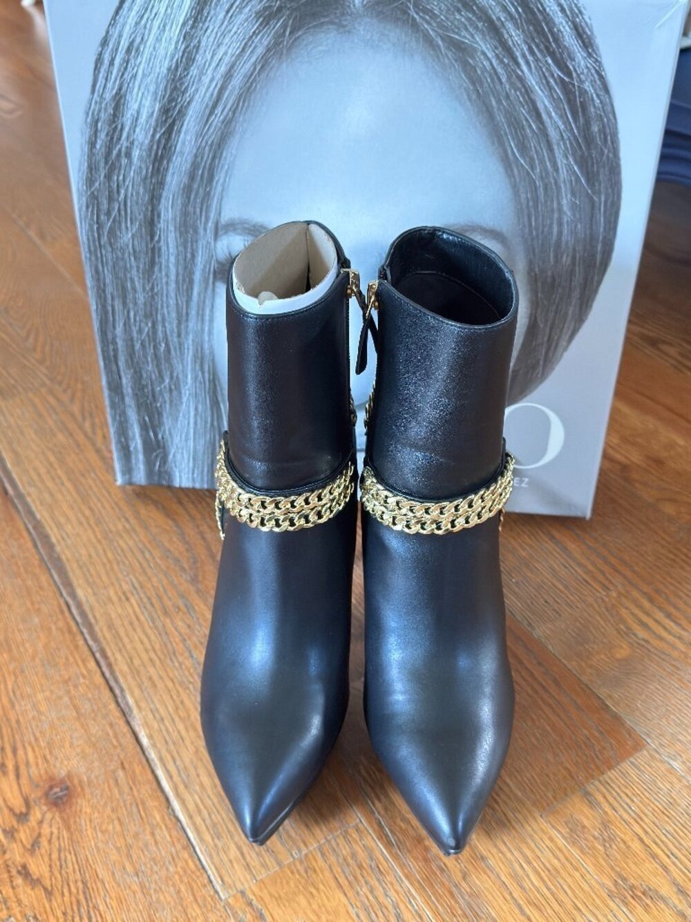 Boots JLo Jennifer Lopez Fhanzee Black Gold Chain Platform Ankle Boots 9.5M